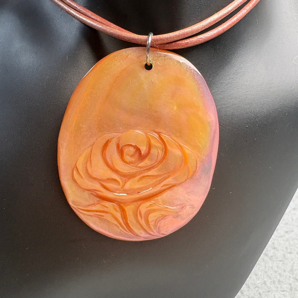 Rachel Zoe Carved Mother of Pearl Rose Pendant Necklace Pink Orange Shell Cord